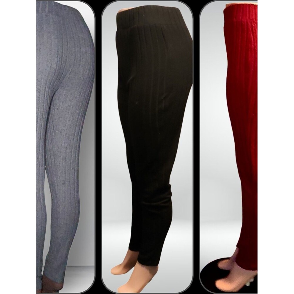 Gray Black Red Ankle Leggings XL Knit Polyester Spandex Elastic Waist Set Basics